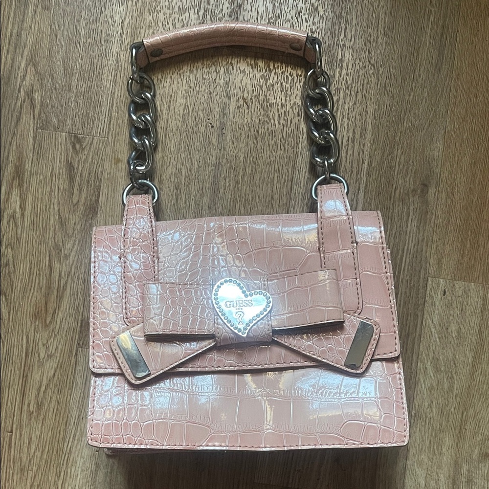 Blush Guess Croc-Embossed Shoulder Bag